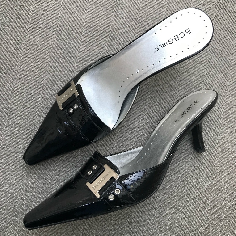 BCBG Black Patent Mules